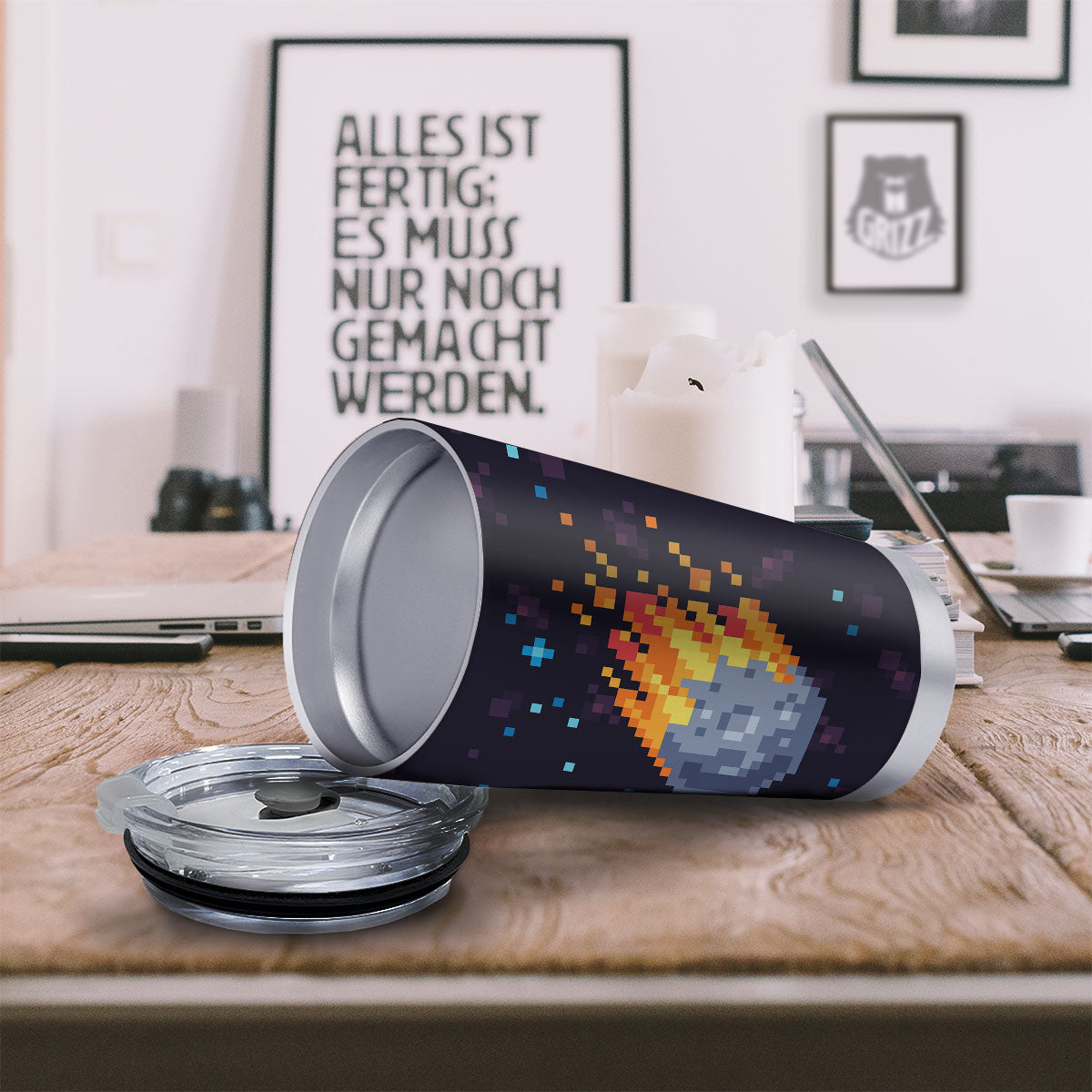 Pixel 8 Bit Meteorite Burnning Print Tumbler-grizzshop