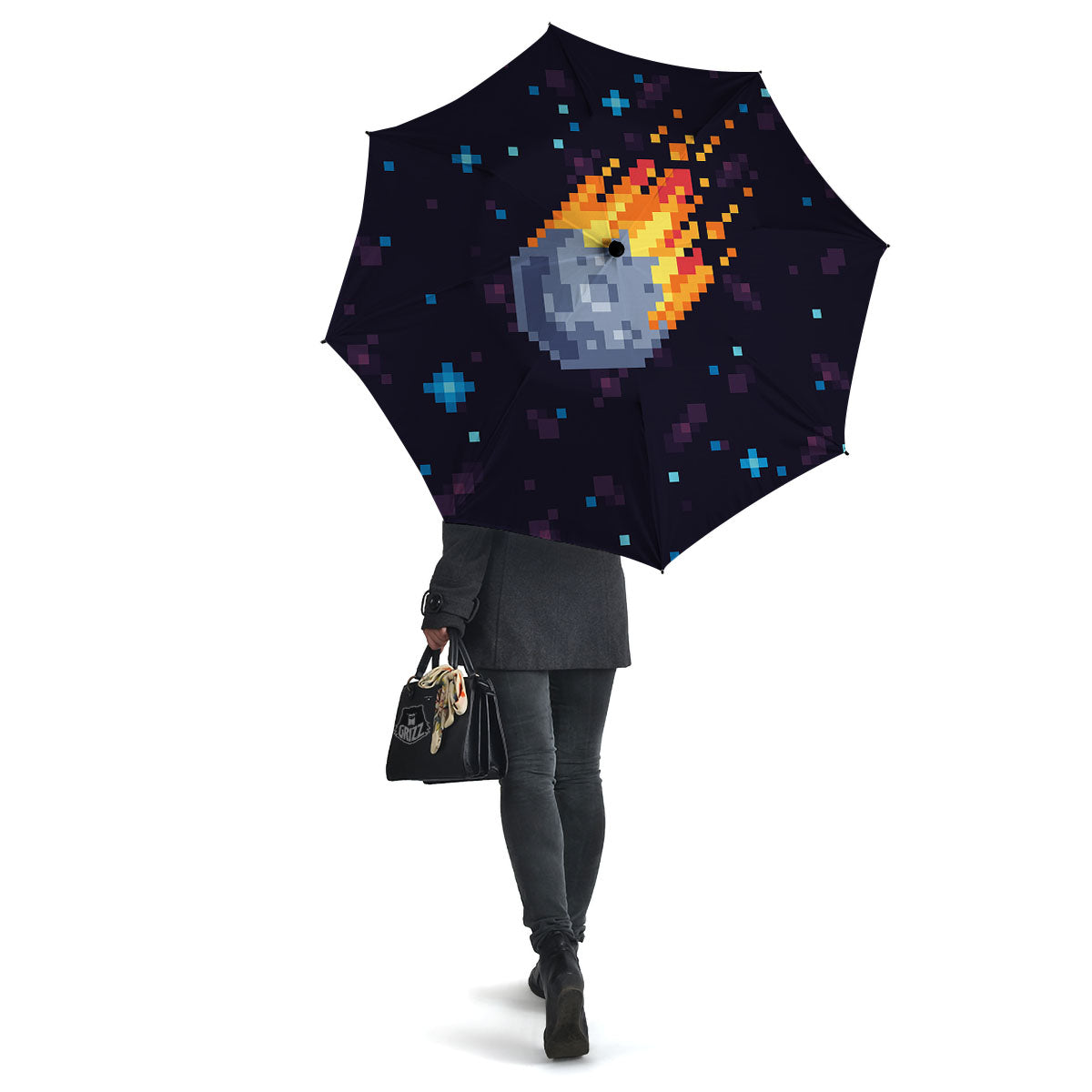Pixel 8 Bit Meteorite Burnning Print Umbrella-grizzshop