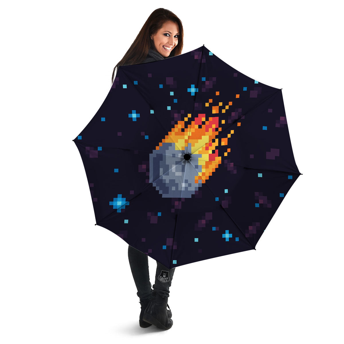 Pixel 8 Bit Meteorite Burnning Print Umbrella-grizzshop