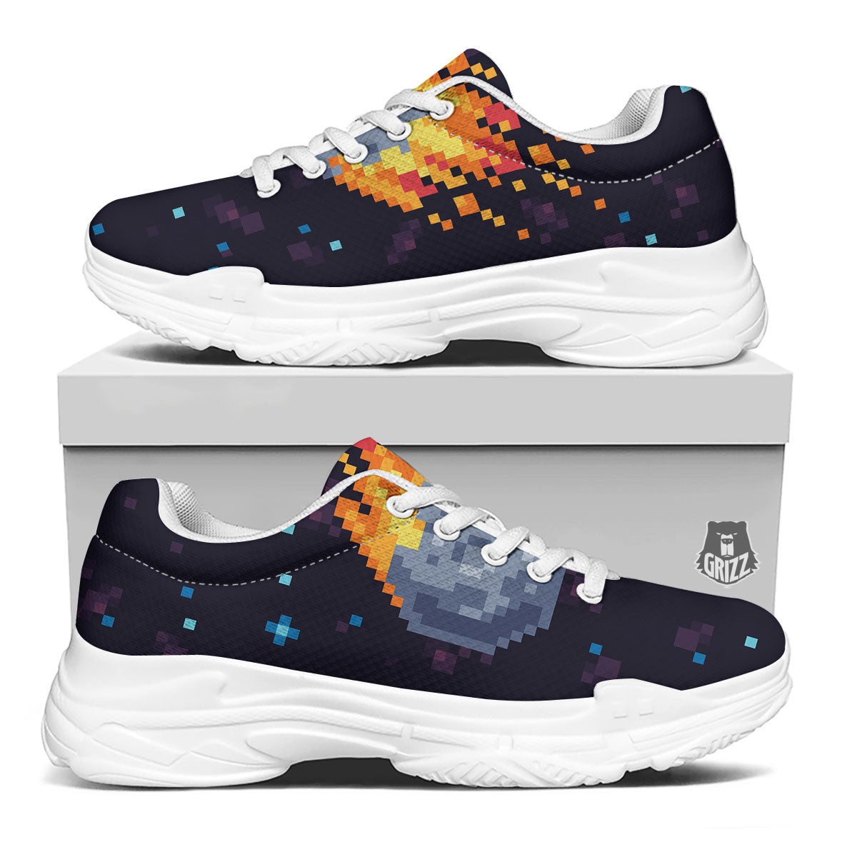 Pixel 8 Bit Meteorite Burnning Print White Chunky Shoes-grizzshop