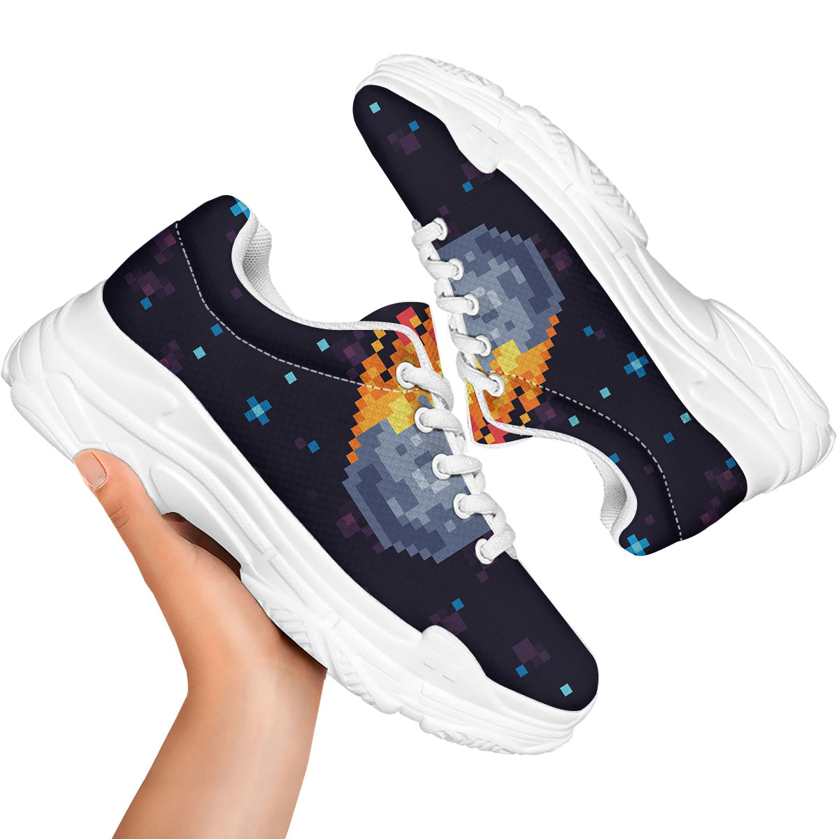 Pixel 8 Bit Meteorite Burnning Print White Chunky Shoes-grizzshop