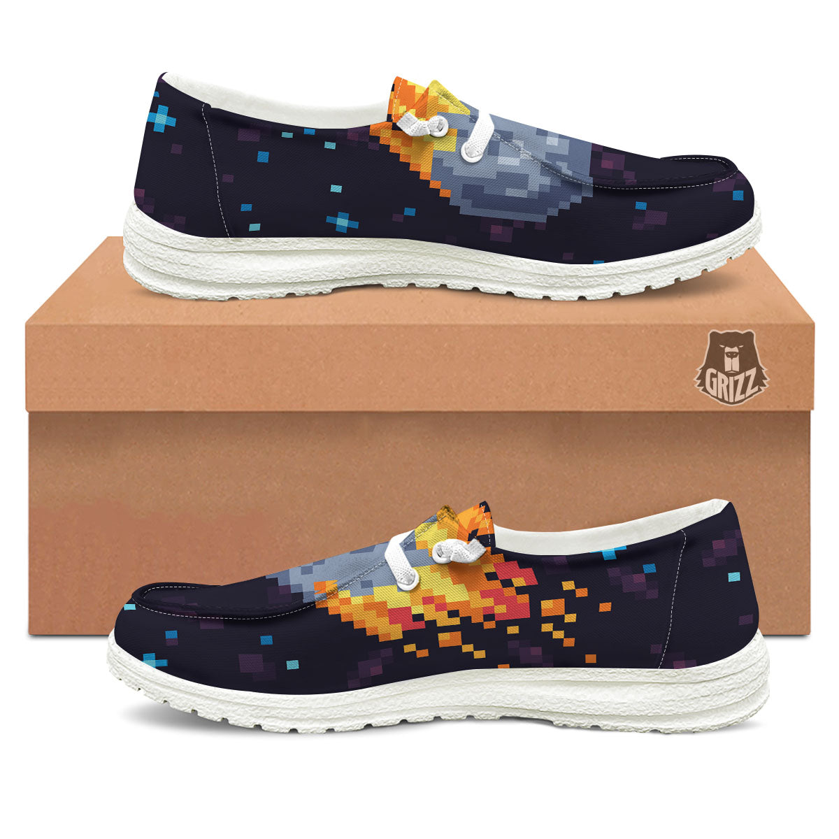 Pixel 8 Bit Meteorite Burnning Print White Loafers-grizzshop