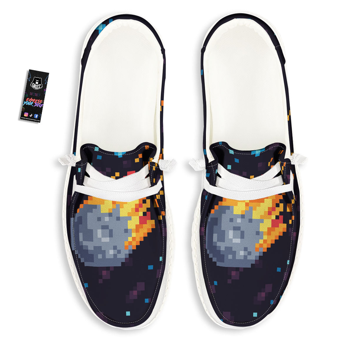 Pixel 8 Bit Meteorite Burnning Print White Loafers-grizzshop