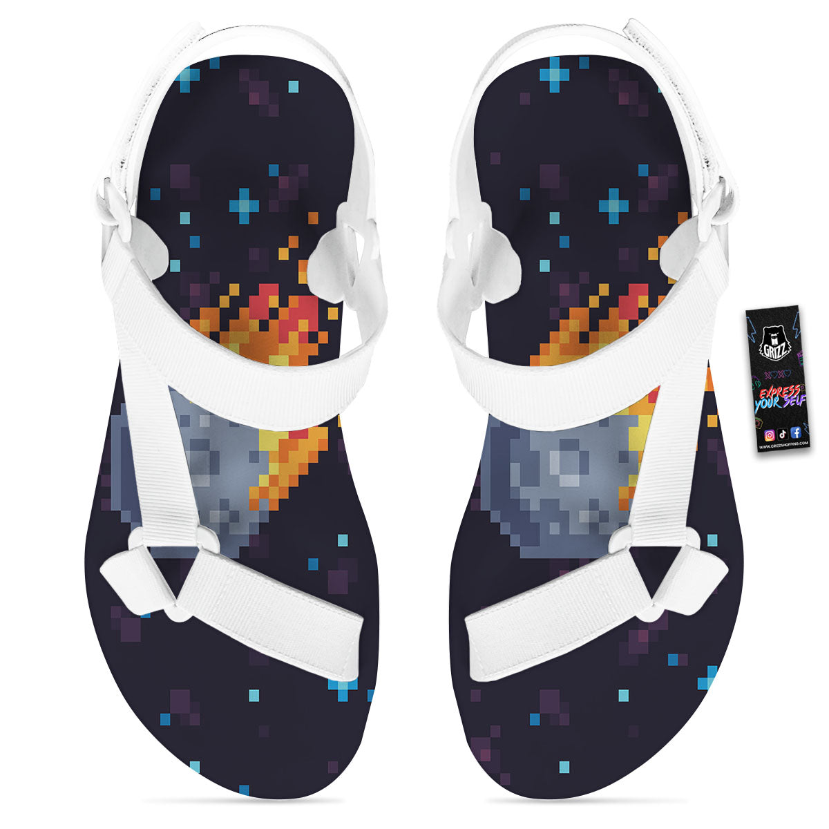 Pixel 8 Bit Meteorite Burnning Print White Open Toe Sandals-grizzshop