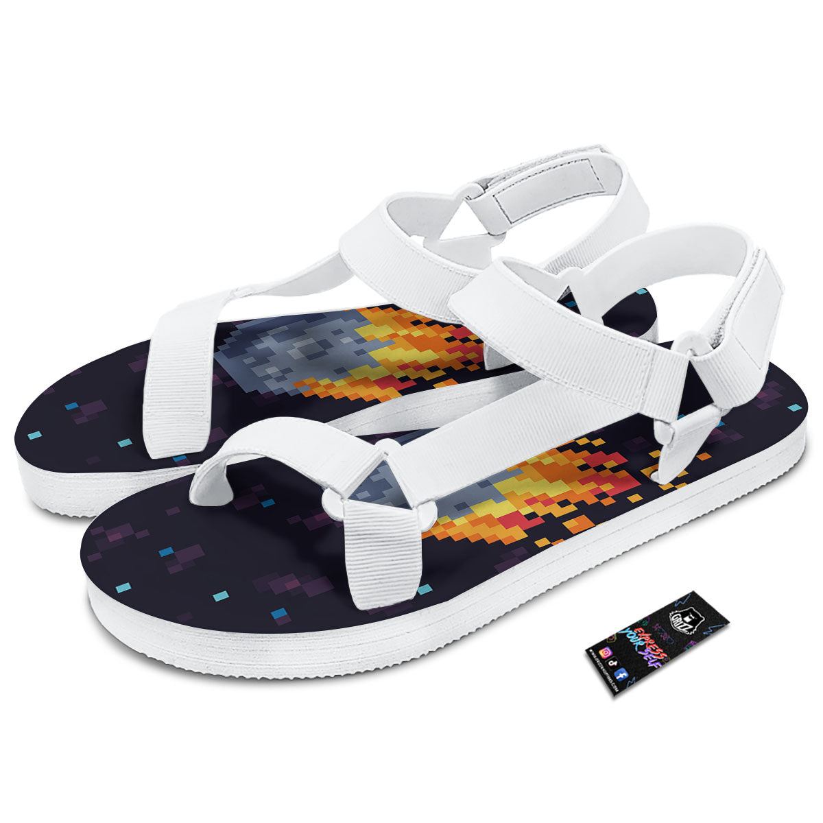 Pixel 8 Bit Meteorite Burnning Print White Open Toe Sandals-grizzshop
