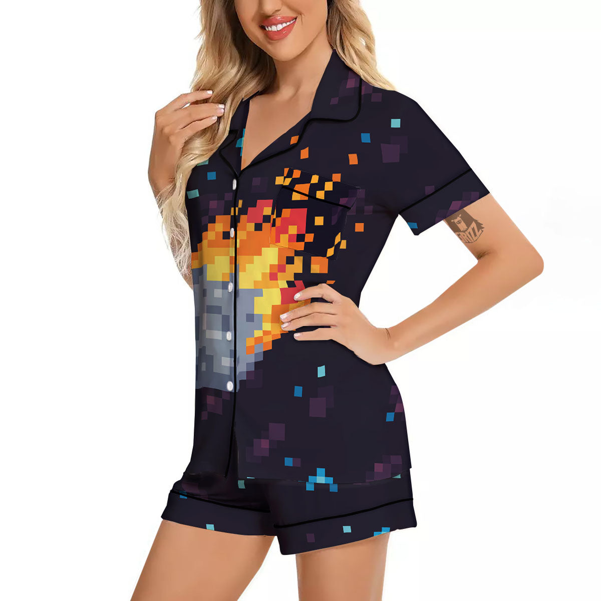 Pixel 8 Bit Meteorite Burnning Print Women Silk Pajamas-grizzshop