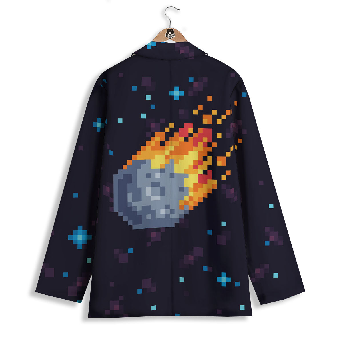 Pixel 8 Bit Meteorite Burnning Print Women's Blazer-grizzshop