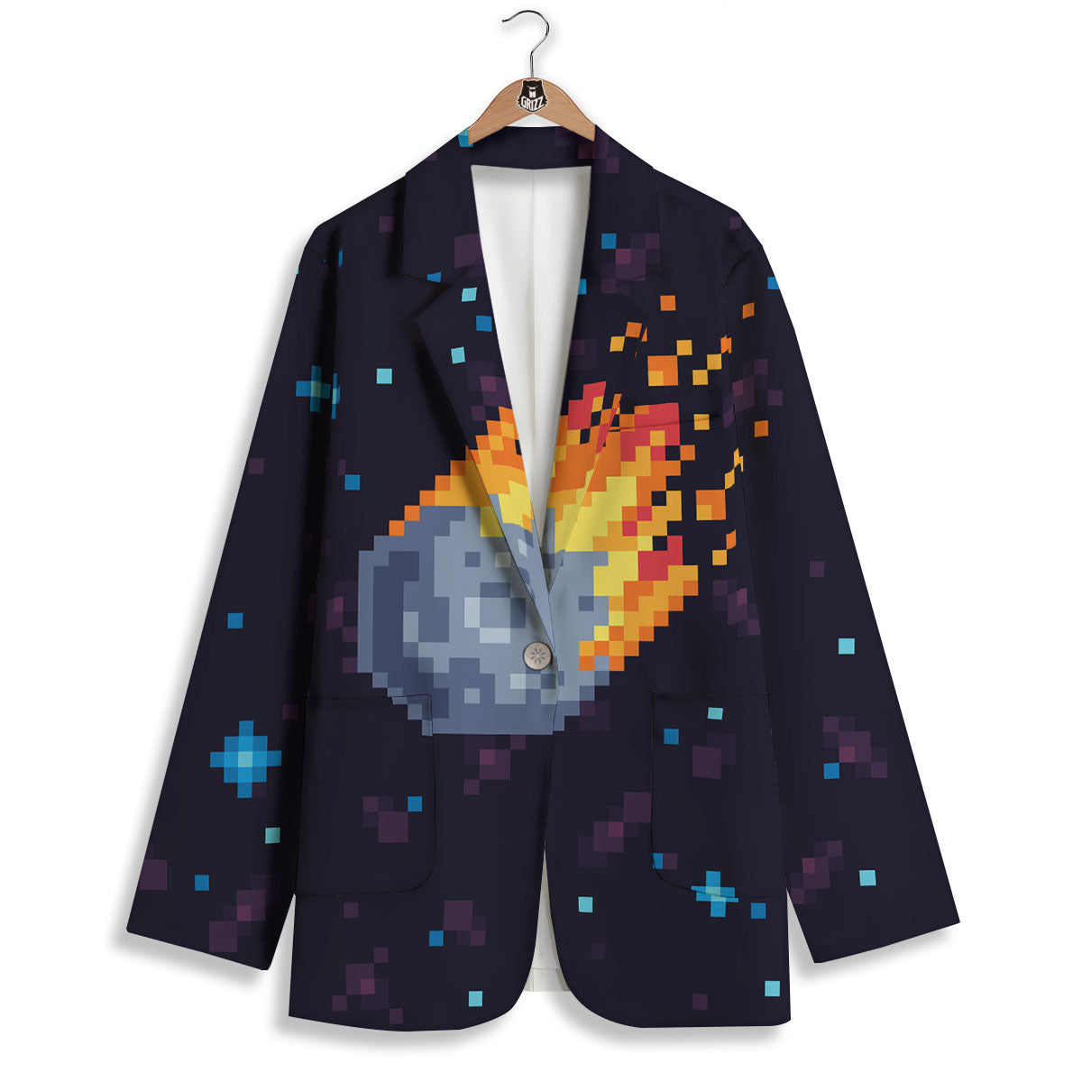 Pixel 8 Bit Meteorite Burnning Print Women's Blazer-grizzshop