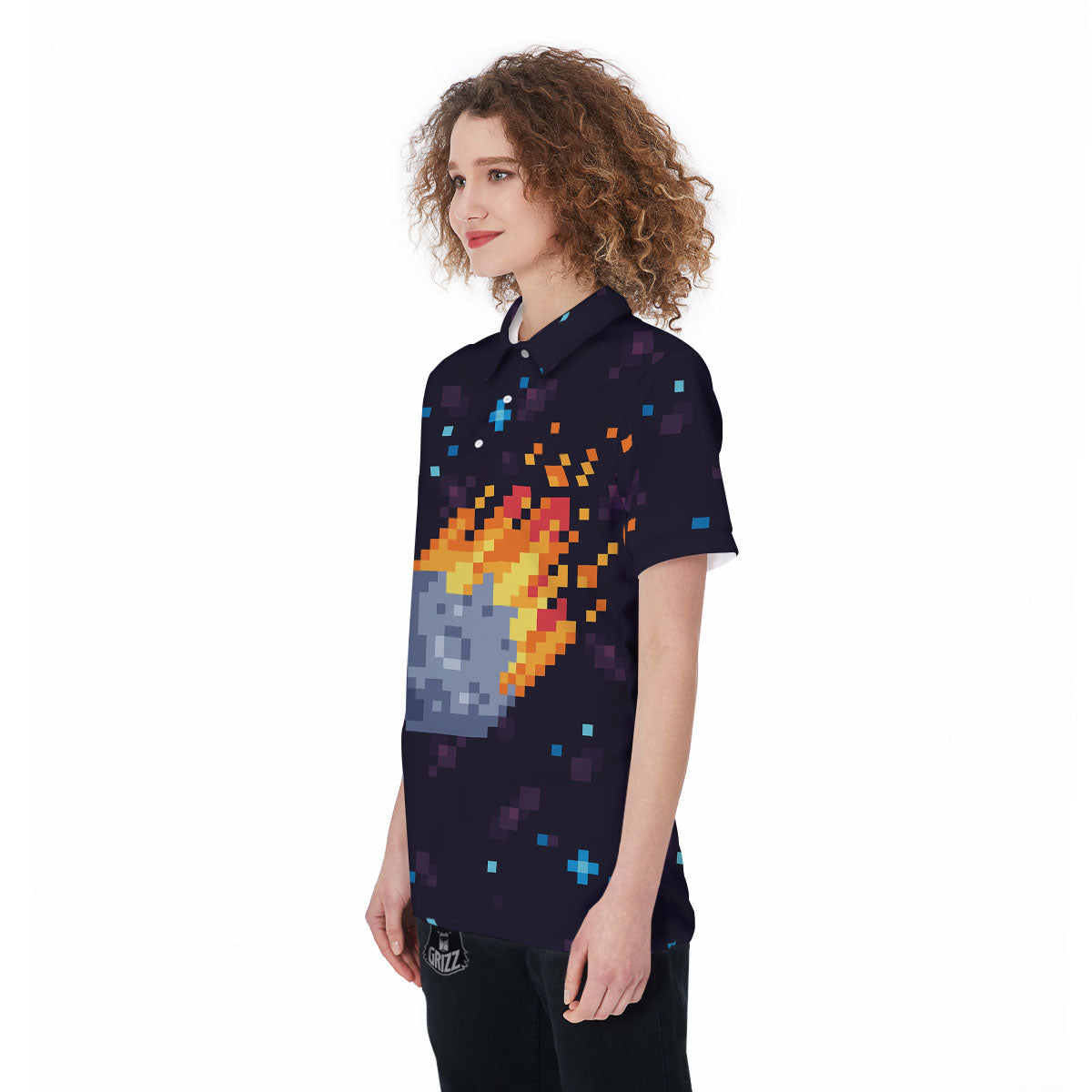 Pixel 8 Bit Meteorite Burnning Print Women's Golf Shirts-grizzshop