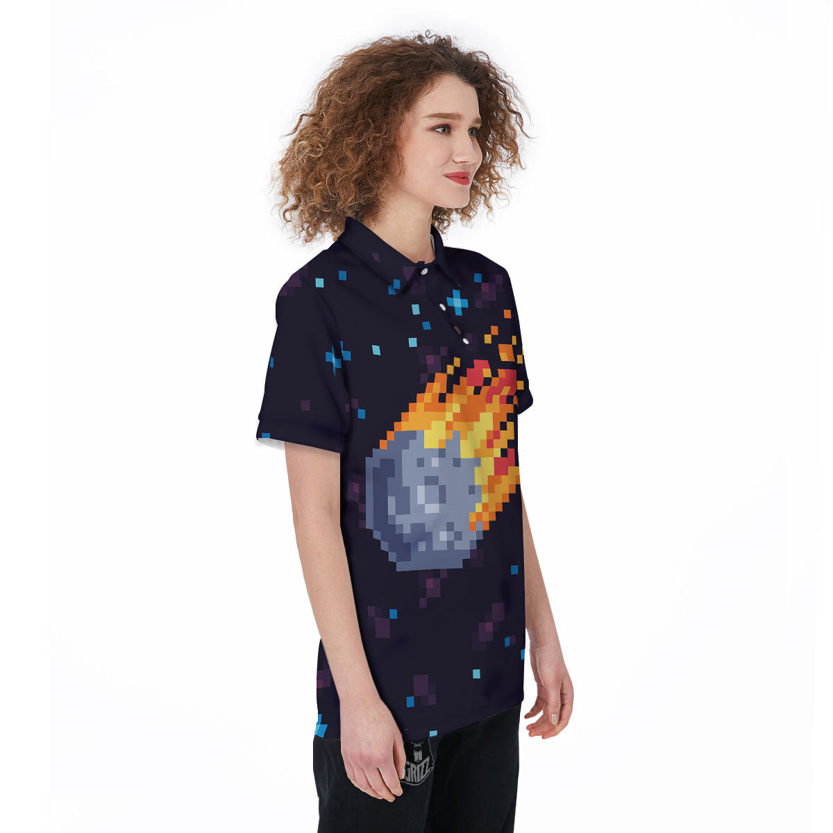 Pixel 8 Bit Meteorite Burnning Print Women's Golf Shirts-grizzshop