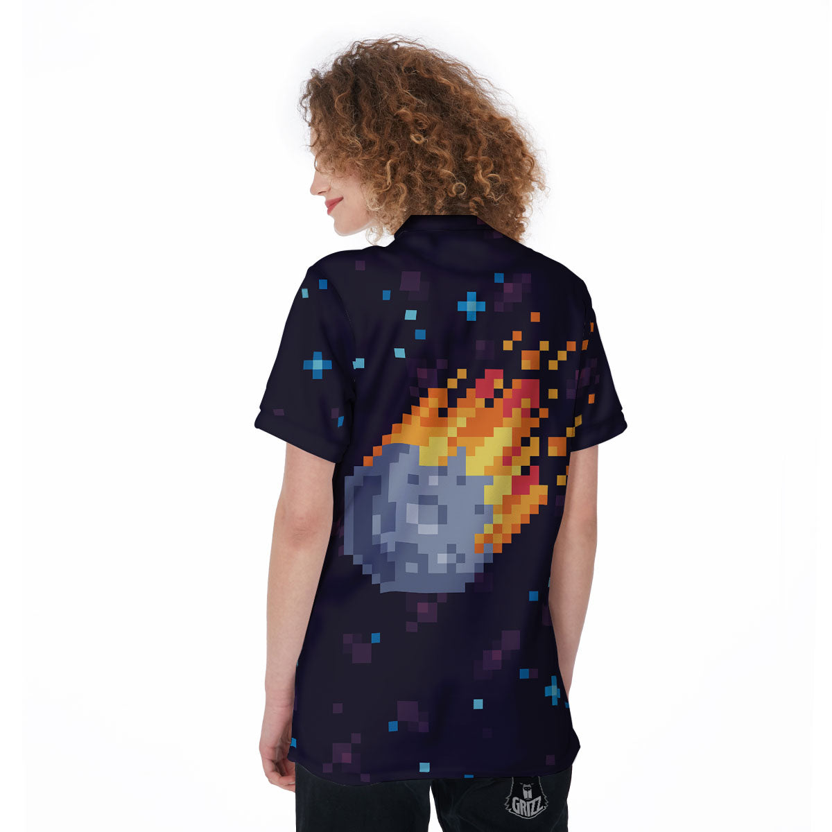 Pixel 8 Bit Meteorite Burnning Print Women's Golf Shirts-grizzshop