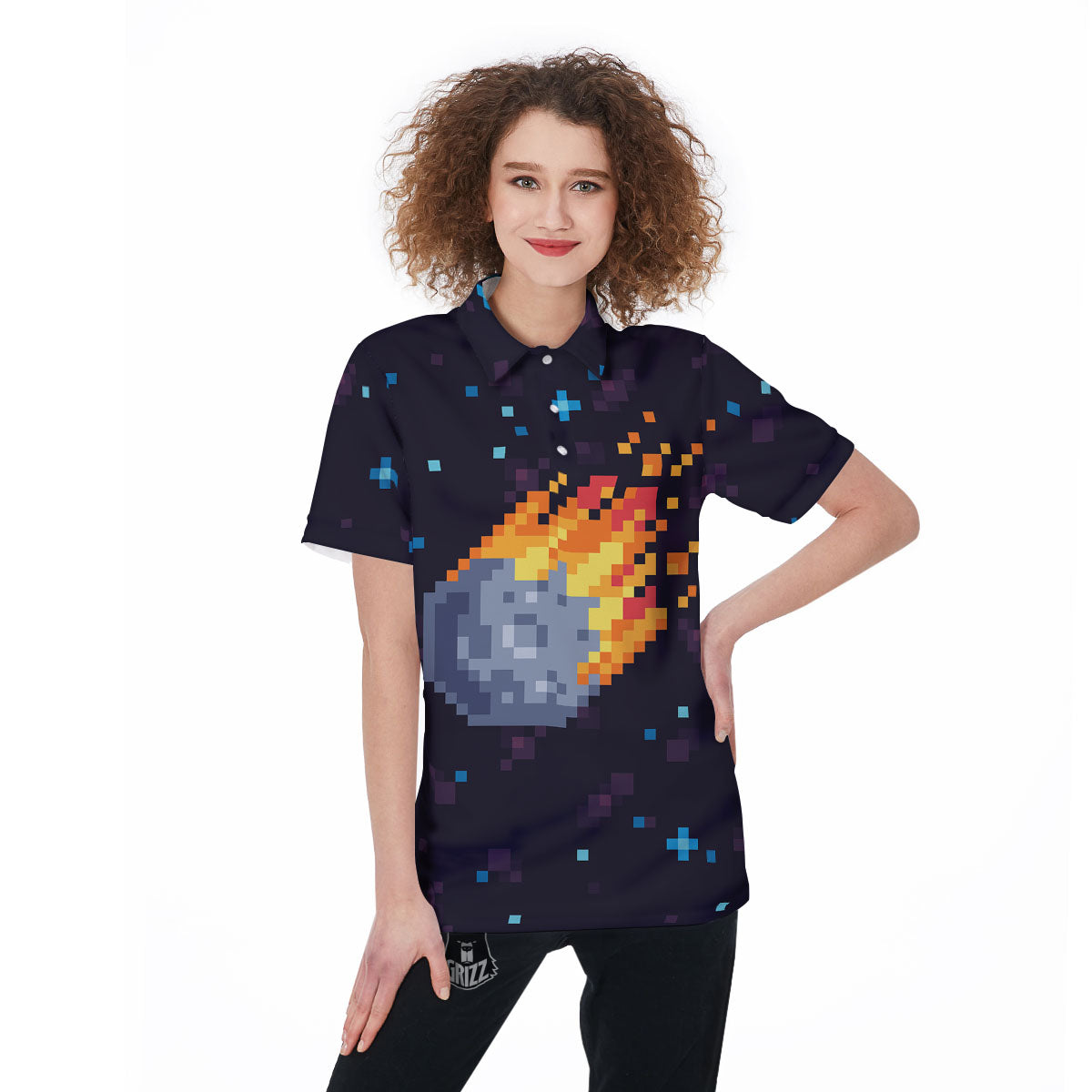 Pixel 8 Bit Meteorite Burnning Print Women's Golf Shirts-grizzshop