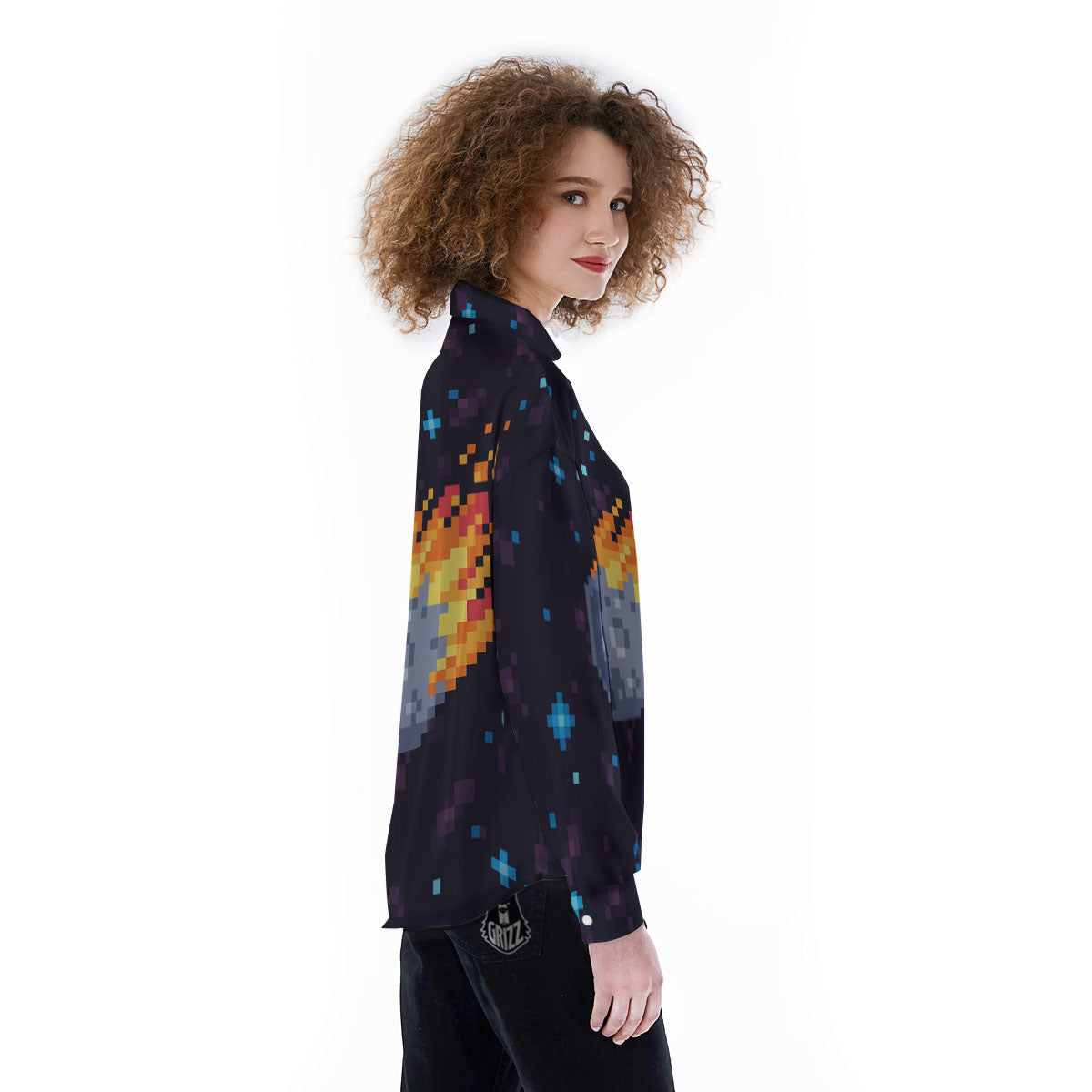 Pixel 8 Bit Meteorite Burnning Print Women's Long Sleeve Shirts-grizzshop