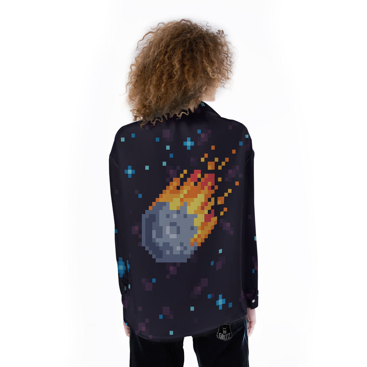 Pixel 8 Bit Meteorite Burnning Print Women's Long Sleeve Shirts-grizzshop