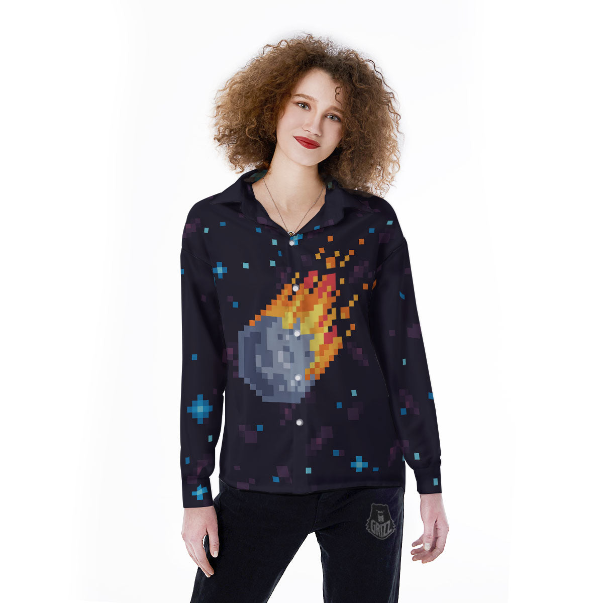 Pixel 8 Bit Meteorite Burnning Print Women's Long Sleeve Shirts-grizzshop