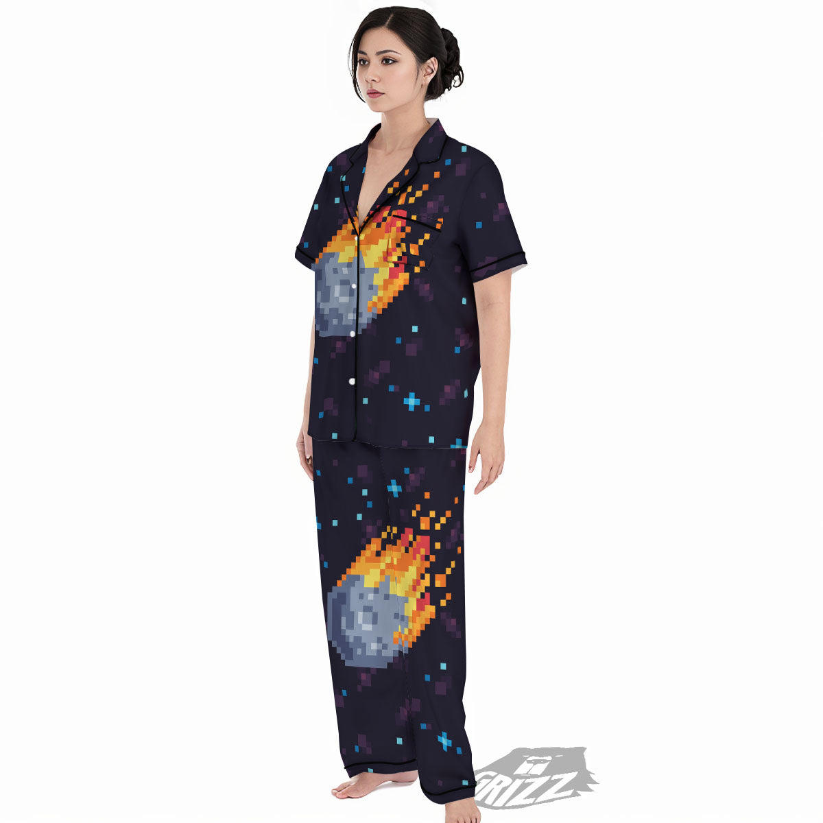 Pixel 8 Bit Meteorite Burnning Print Women's Pajamas Set-grizzshop