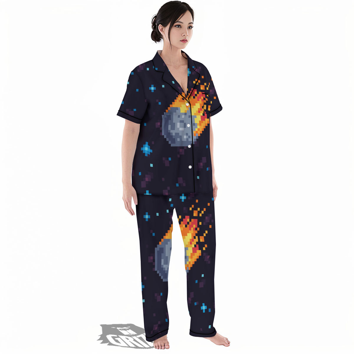 Pixel 8 Bit Meteorite Burnning Print Women's Pajamas Set-grizzshop
