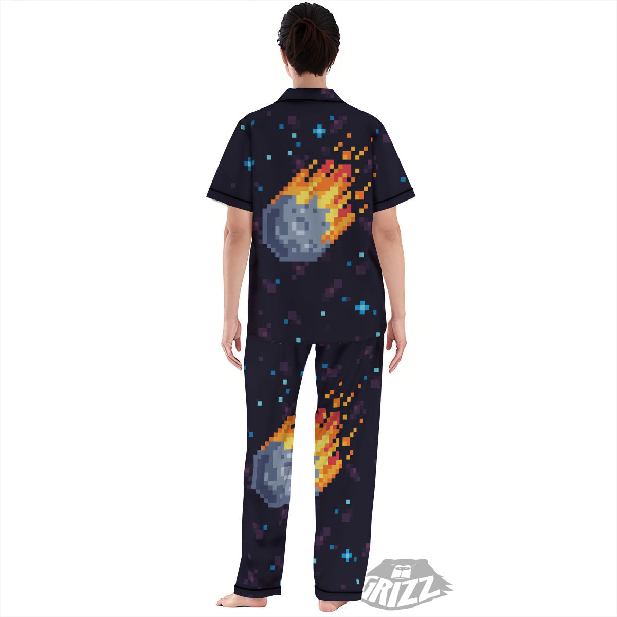 Pixel 8 Bit Meteorite Burnning Print Women's Pajamas Set-grizzshop