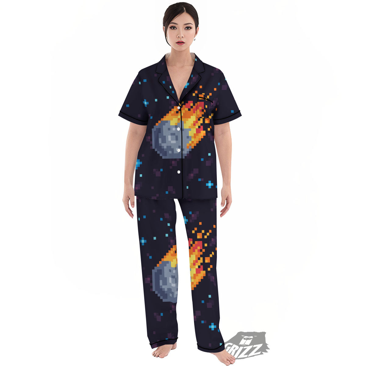 Pixel 8 Bit Meteorite Burnning Print Women's Pajamas Set-grizzshop