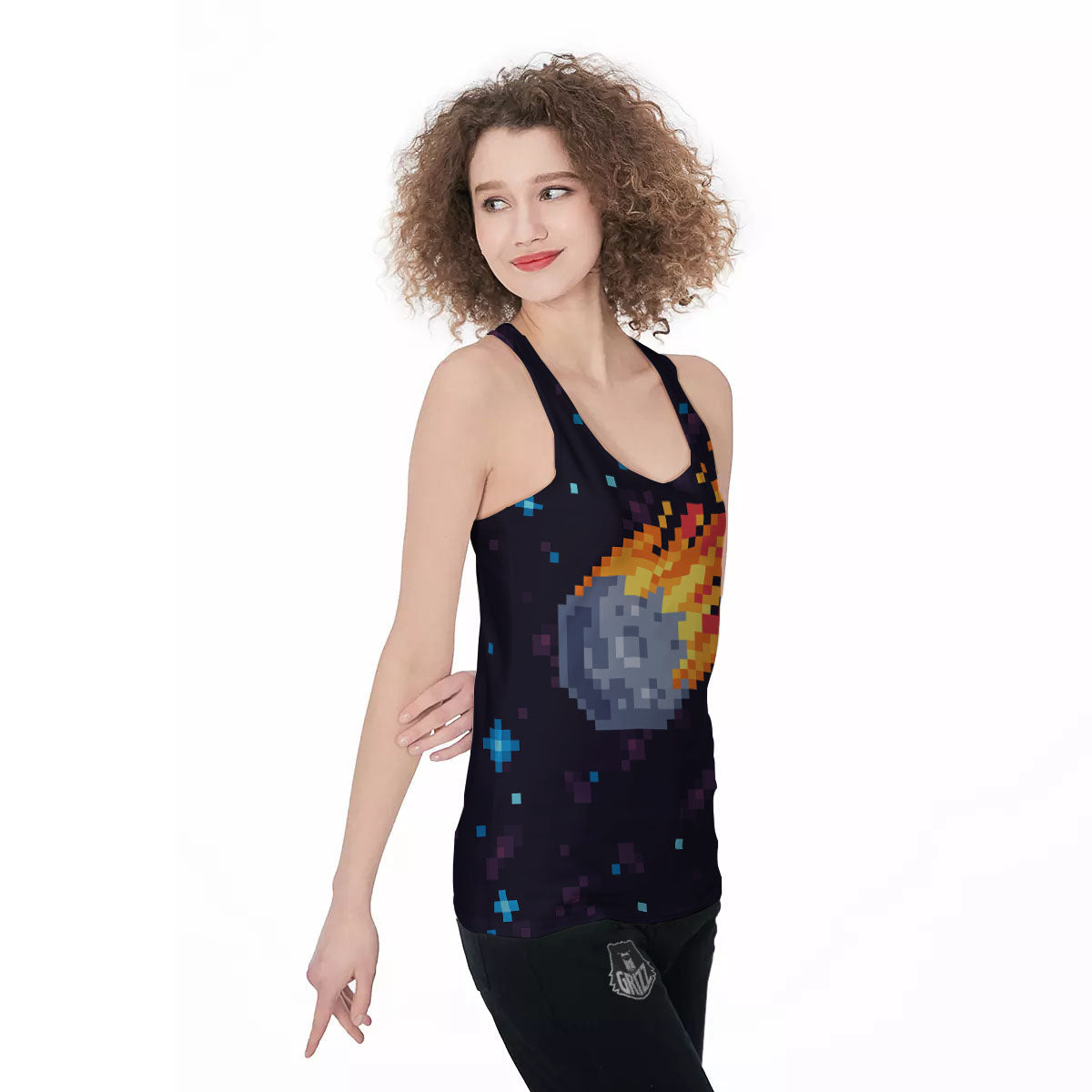 Pixel 8 Bit Meteorite Burnning Print Women's Racerback Tank Top-grizzshop