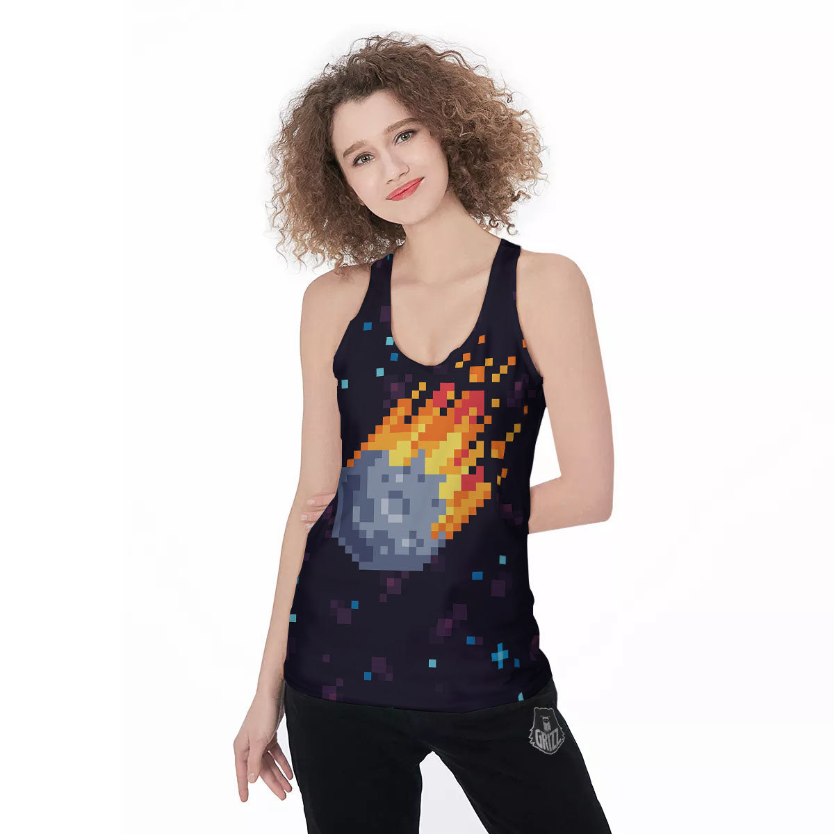 Pixel 8 Bit Meteorite Burnning Print Women's Racerback Tank Top-grizzshop