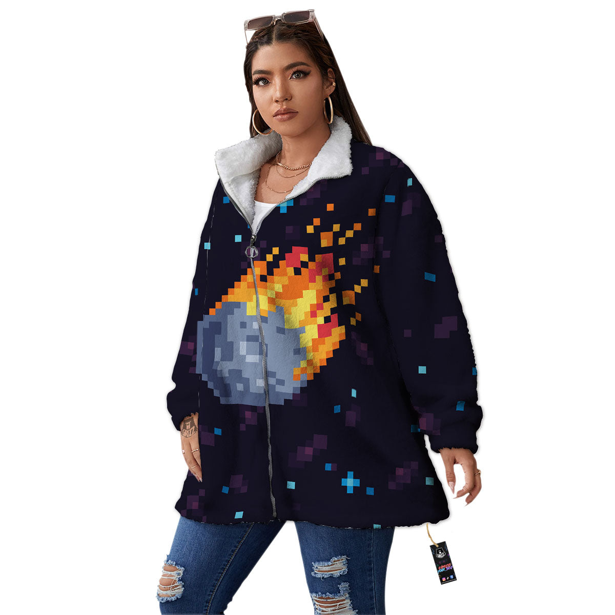 Pixel 8 Bit Meteorite Burnning Print Women's Sherpa Jacket-grizzshop
