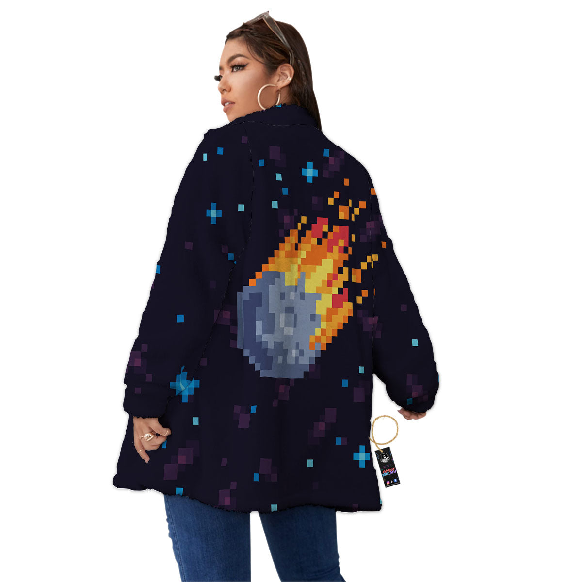 Pixel 8 Bit Meteorite Burnning Print Women's Sherpa Jacket-grizzshop