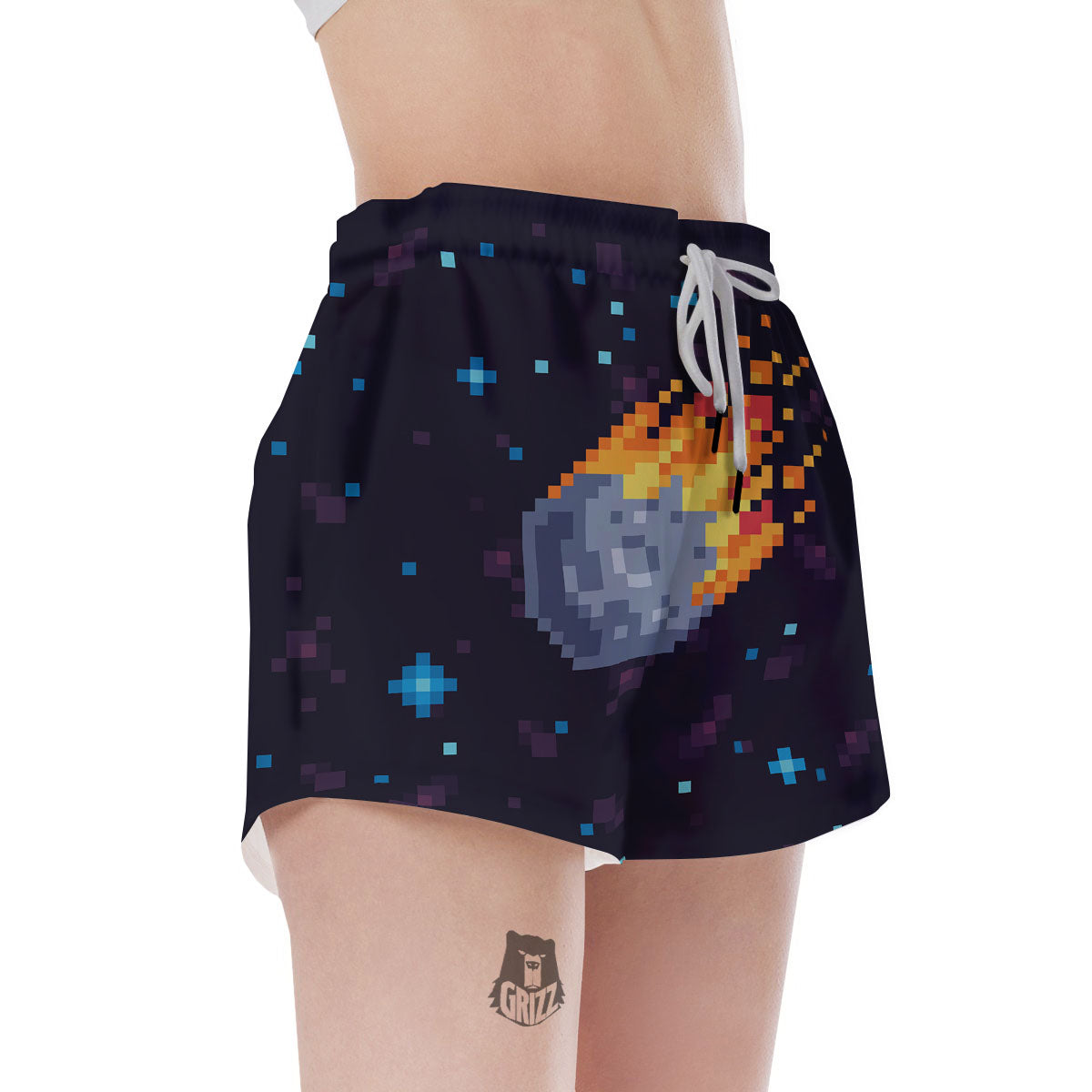 Pixel 8 Bit Meteorite Burnning Print Women's Shorts-grizzshop
