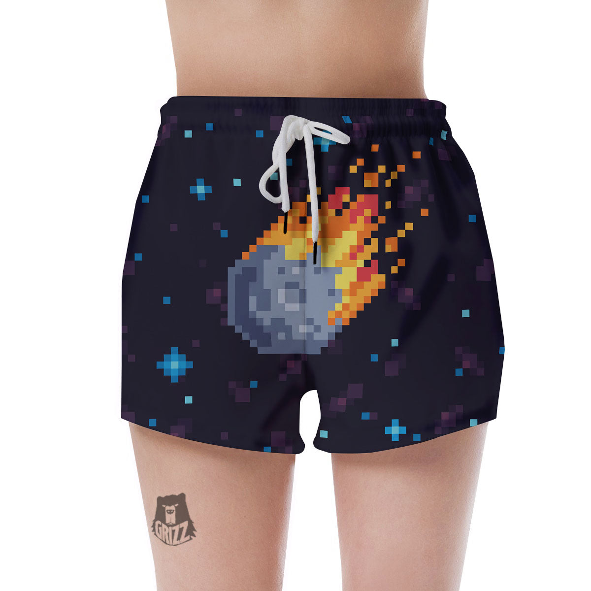 Pixel 8 Bit Meteorite Burnning Print Women's Shorts-grizzshop