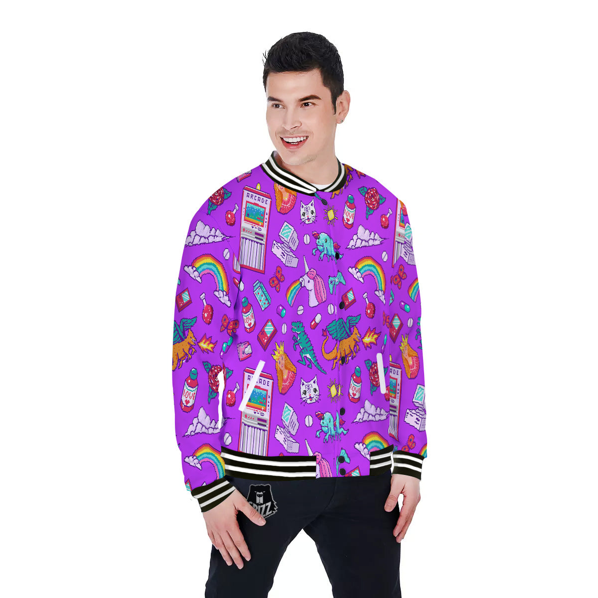 Pixel Art 8 Bit Pink Print Pattern Baseball Jacket-grizzshop