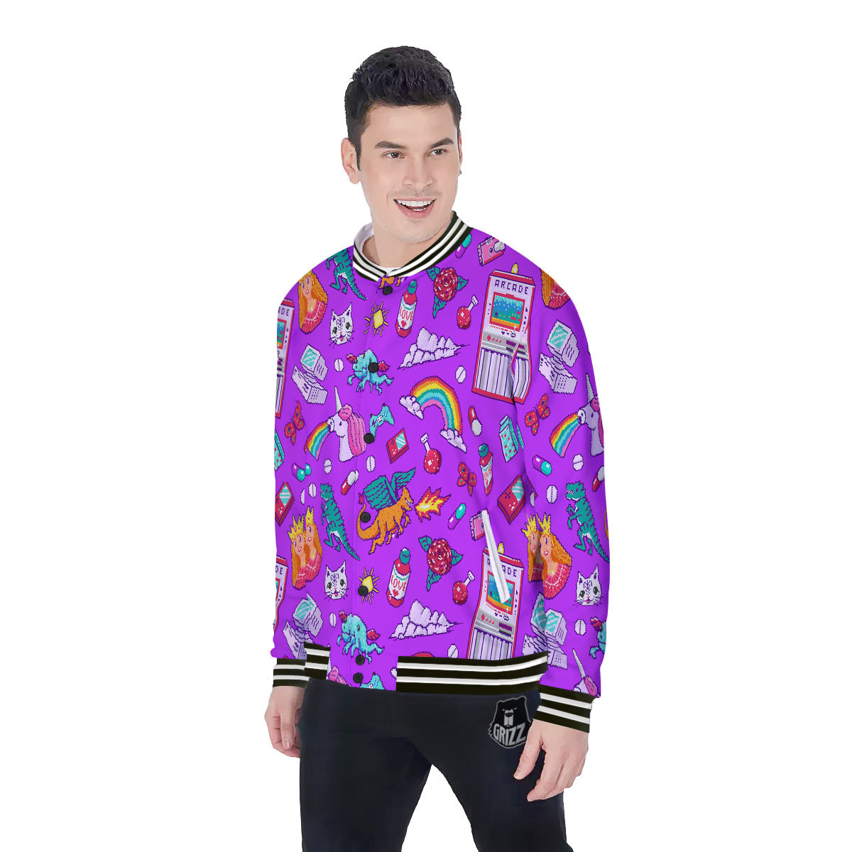 Pixel Art 8 Bit Pink Print Pattern Baseball Jacket-grizzshop
