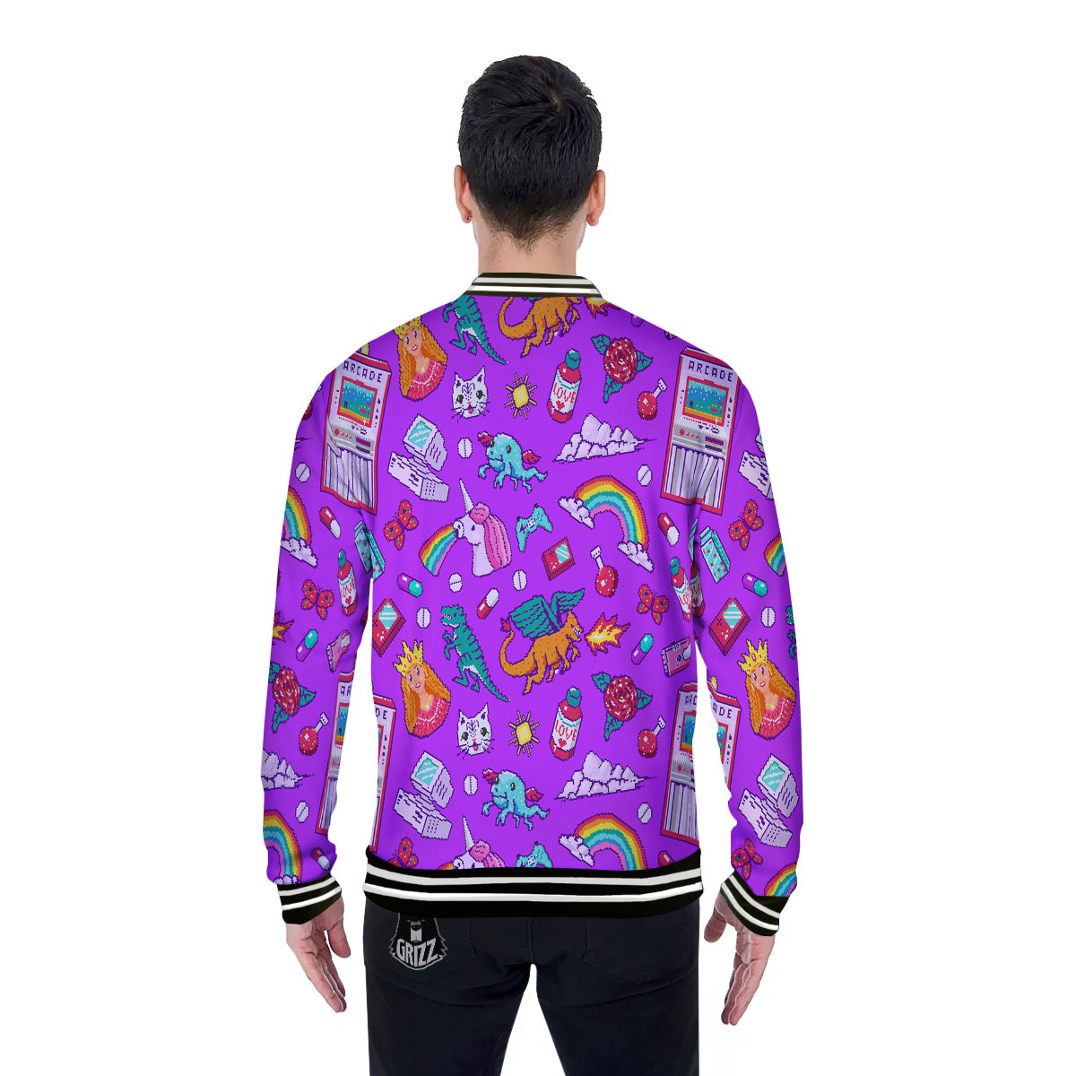 Pixel Art 8 Bit Pink Print Pattern Baseball Jacket-grizzshop