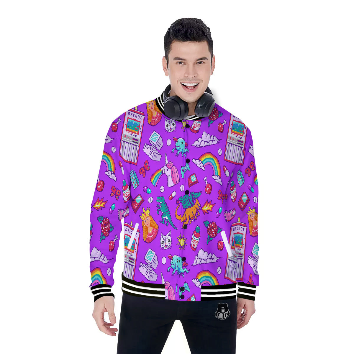 Pixel Art 8 Bit Pink Print Pattern Baseball Jacket-grizzshop