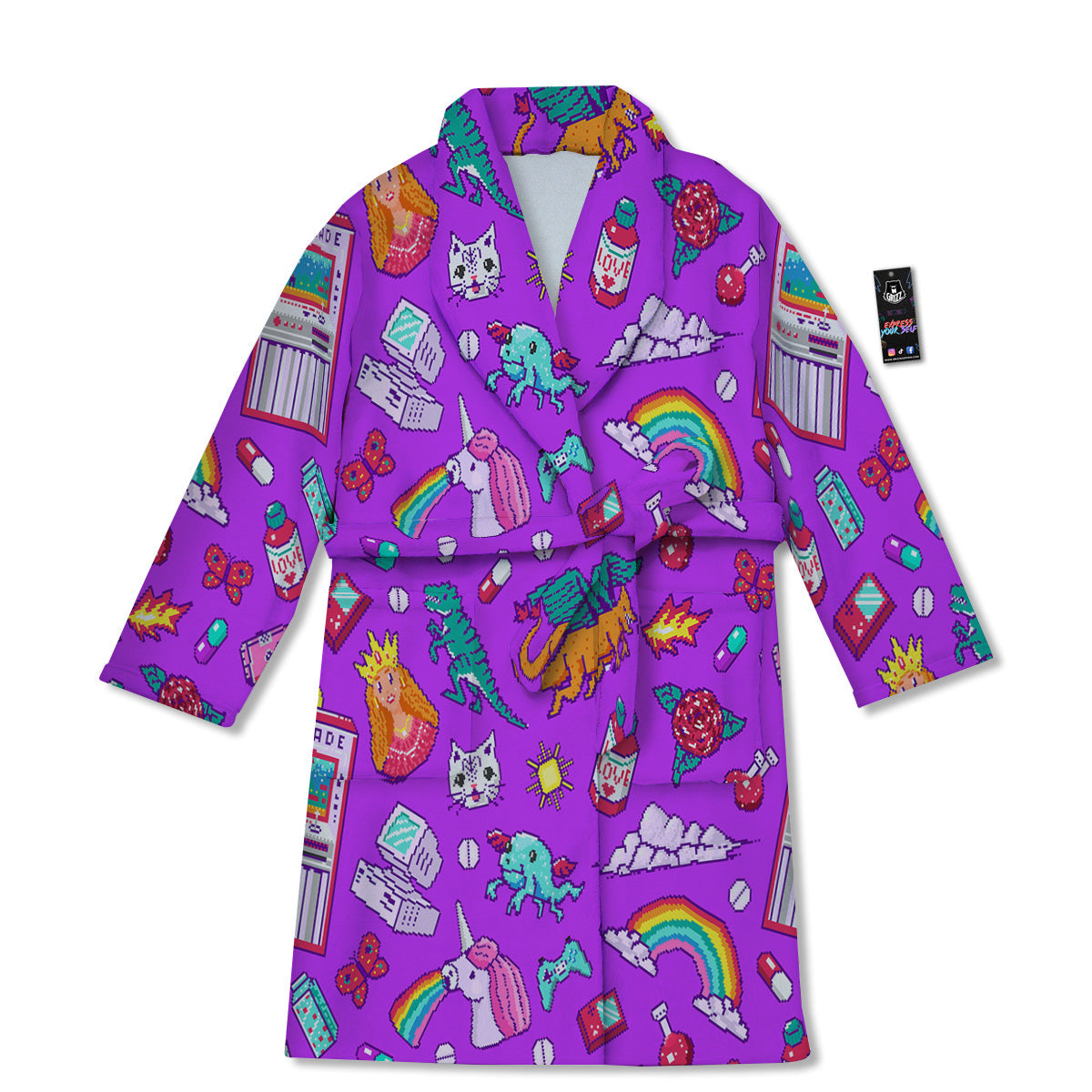 Pixel Art 8 Bit Pink Print Pattern Bathrobe-grizzshop