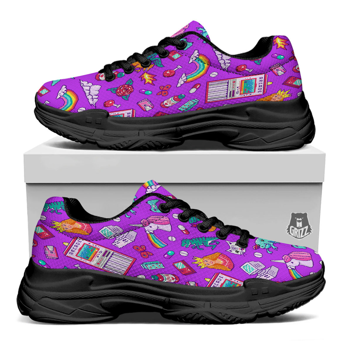 Pixel Art 8 Bit Pink Print Pattern Black Chunky Shoes-grizzshop