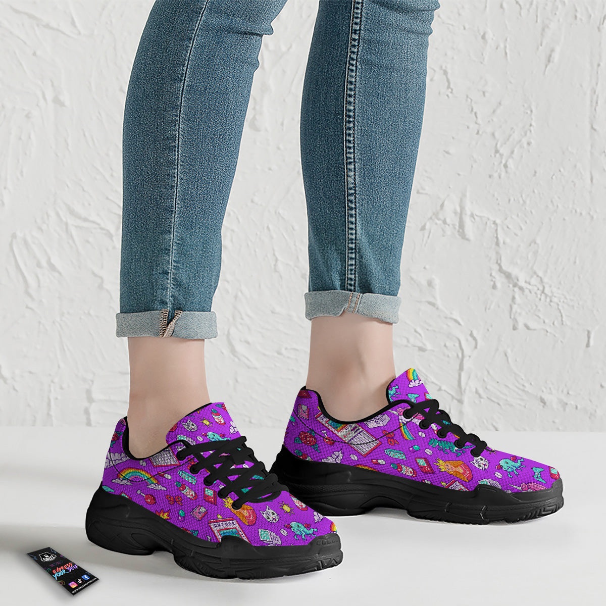 Pixel Art 8 Bit Pink Print Pattern Black Chunky Shoes-grizzshop