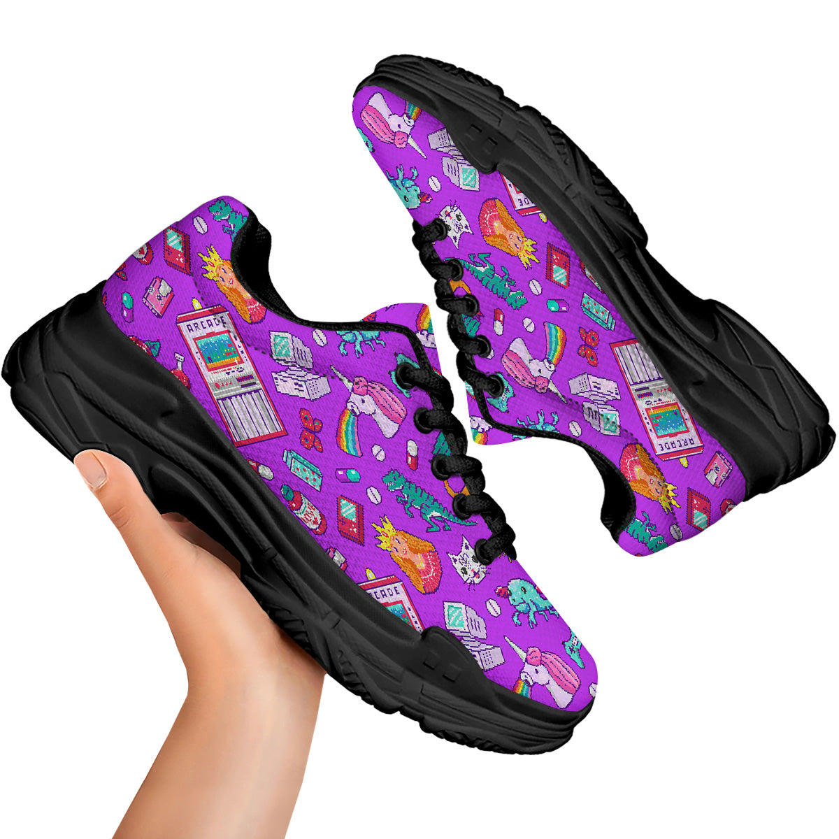 Pixel Art 8 Bit Pink Print Pattern Black Chunky Shoes-grizzshop