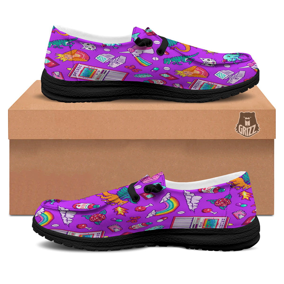 Pixel Art 8 Bit Pink Print Pattern Black Loafers-grizzshop