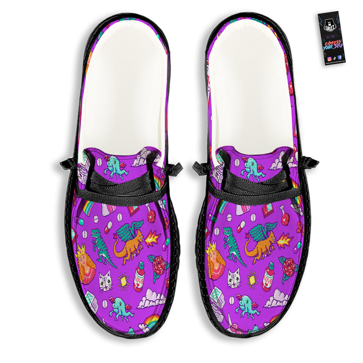Pixel Art 8 Bit Pink Print Pattern Black Loafers-grizzshop