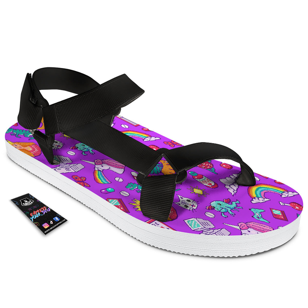 Pixel Art 8 Bit Pink Print Pattern Black Open Toe Sandals-grizzshop