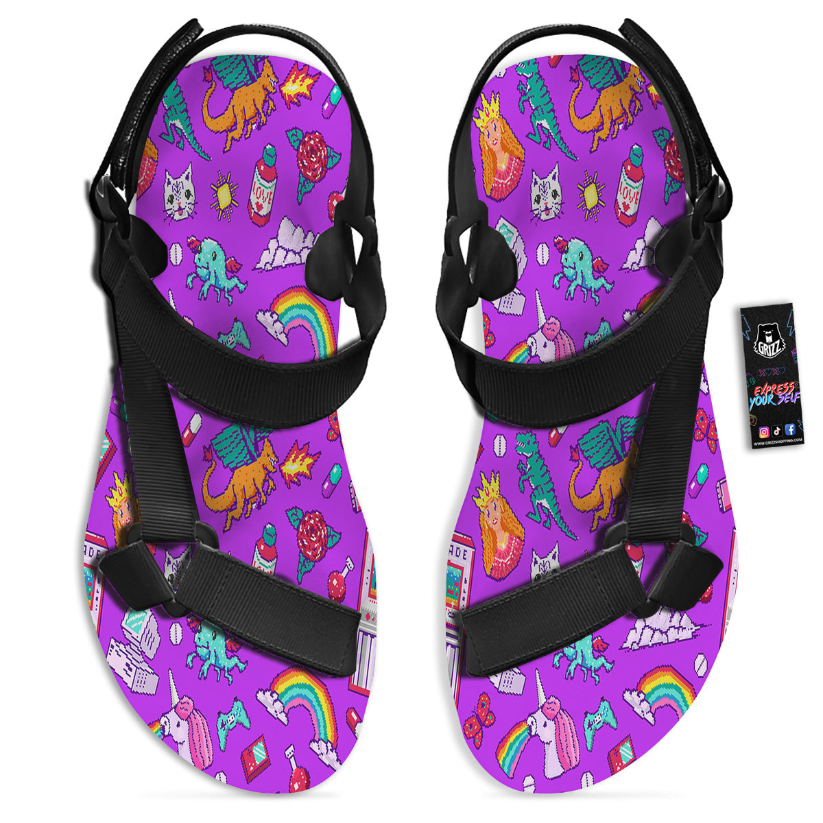 Pixel Art 8 Bit Pink Print Pattern Black Open Toe Sandals-grizzshop