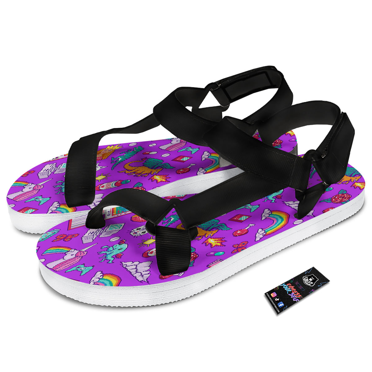 Pixel Art 8 Bit Pink Print Pattern Black Open Toe Sandals-grizzshop