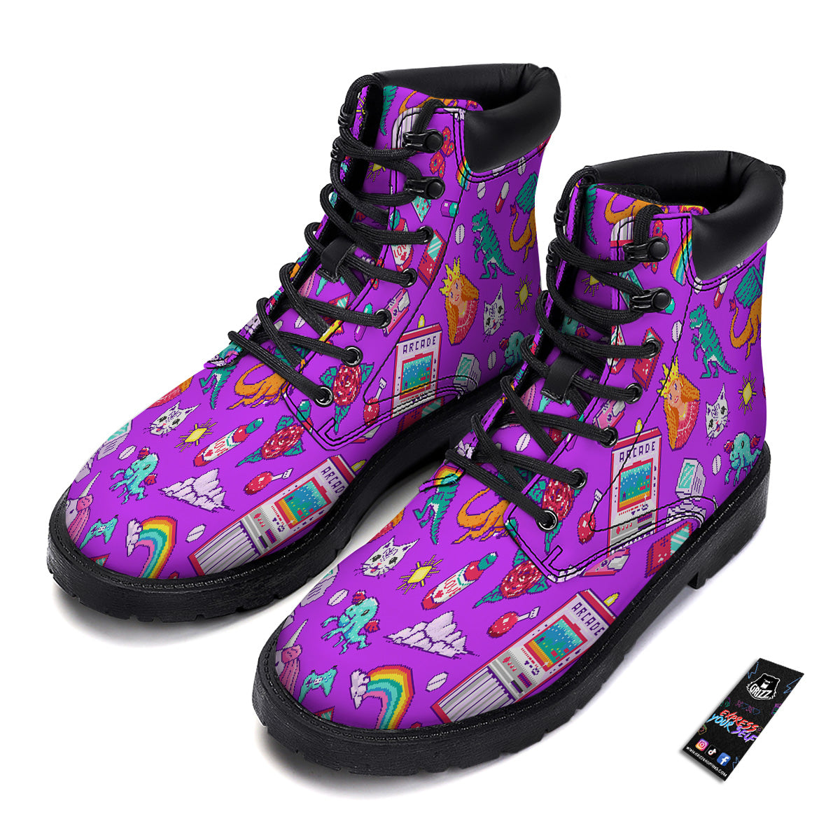 Pixel Art 8 Bit Pink Print Pattern Boots-grizzshop