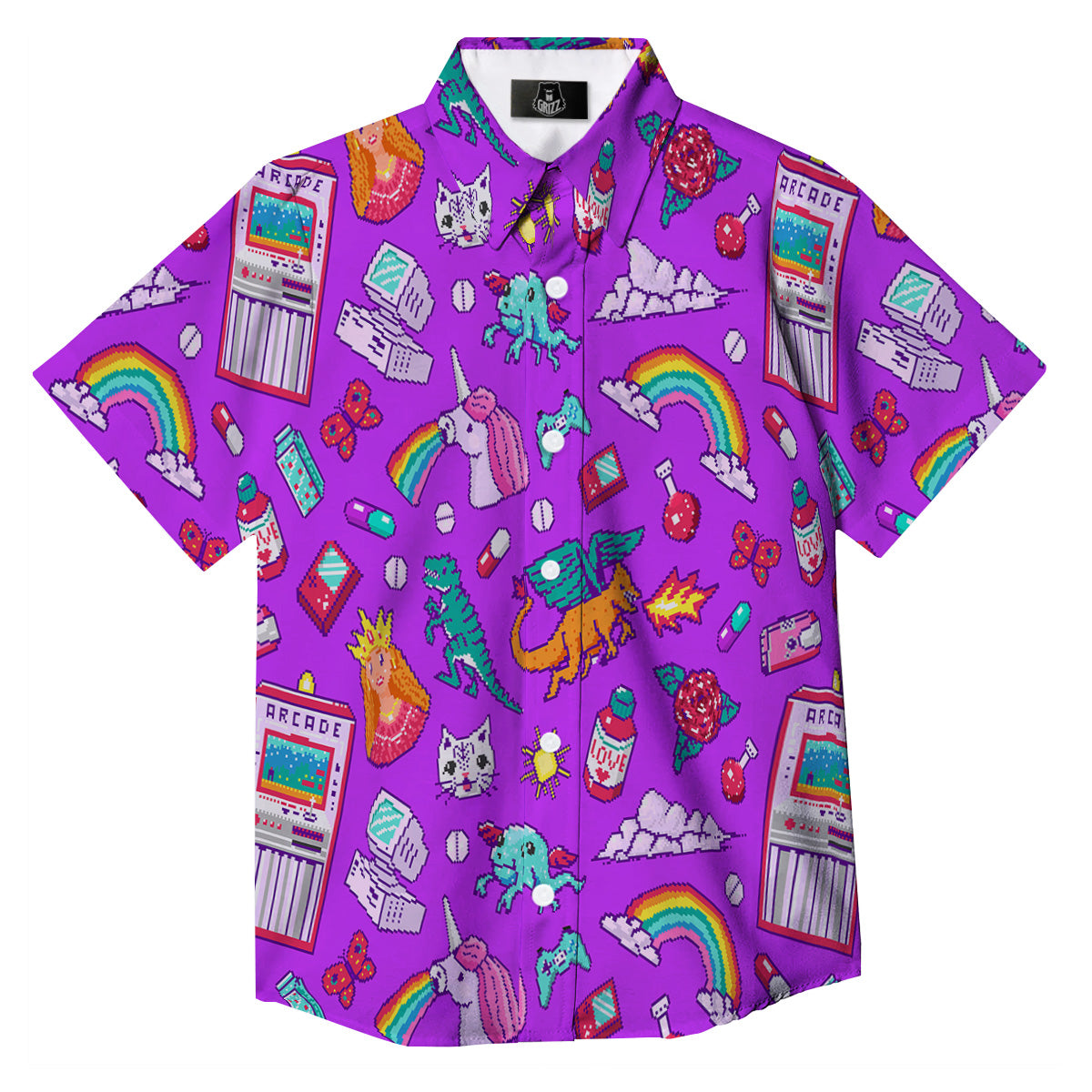 Pixel Art 8 Bit Pink Print Pattern Button Up Shirt-grizzshop