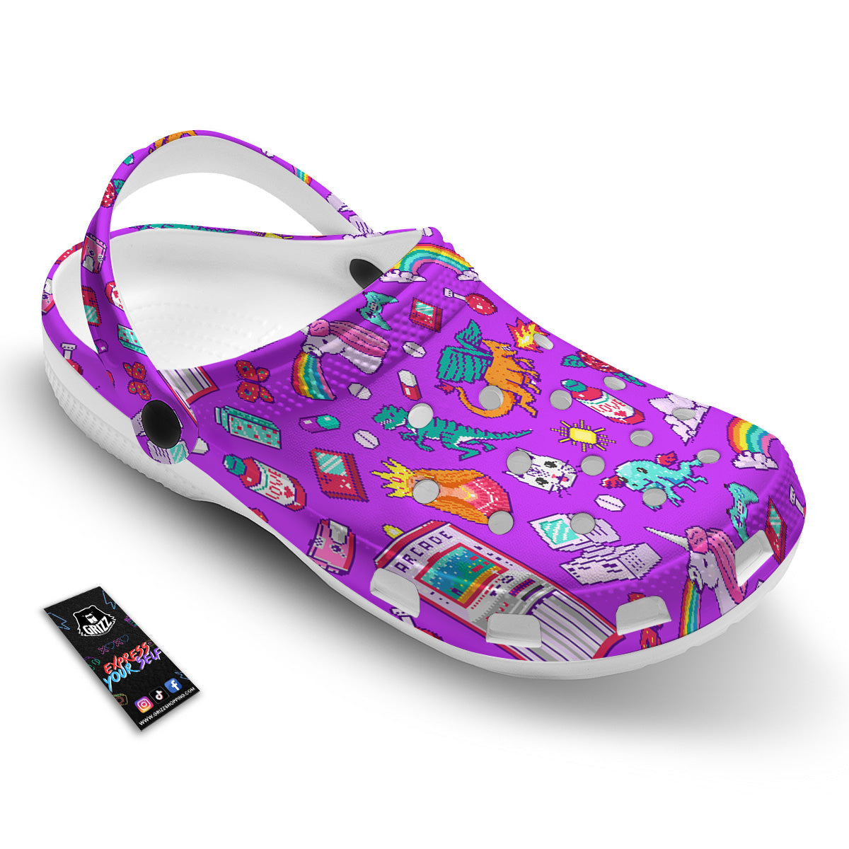 Pixel Art 8 Bit Pink Print Pattern Clog-grizzshop