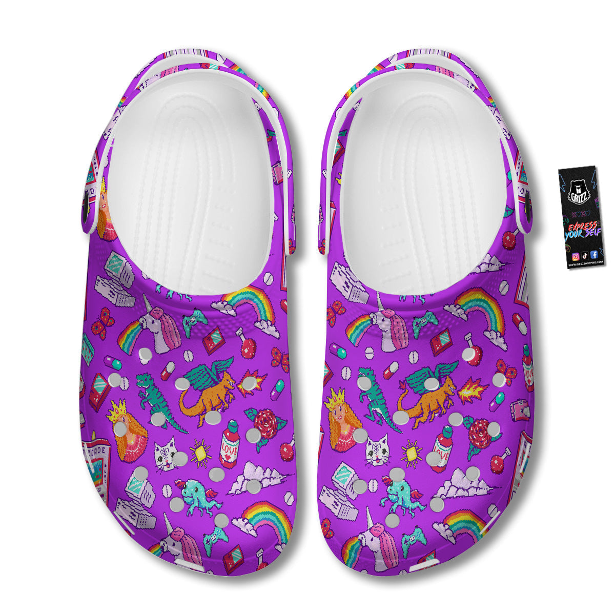 Pixel Art 8 Bit Pink Print Pattern Clog-grizzshop