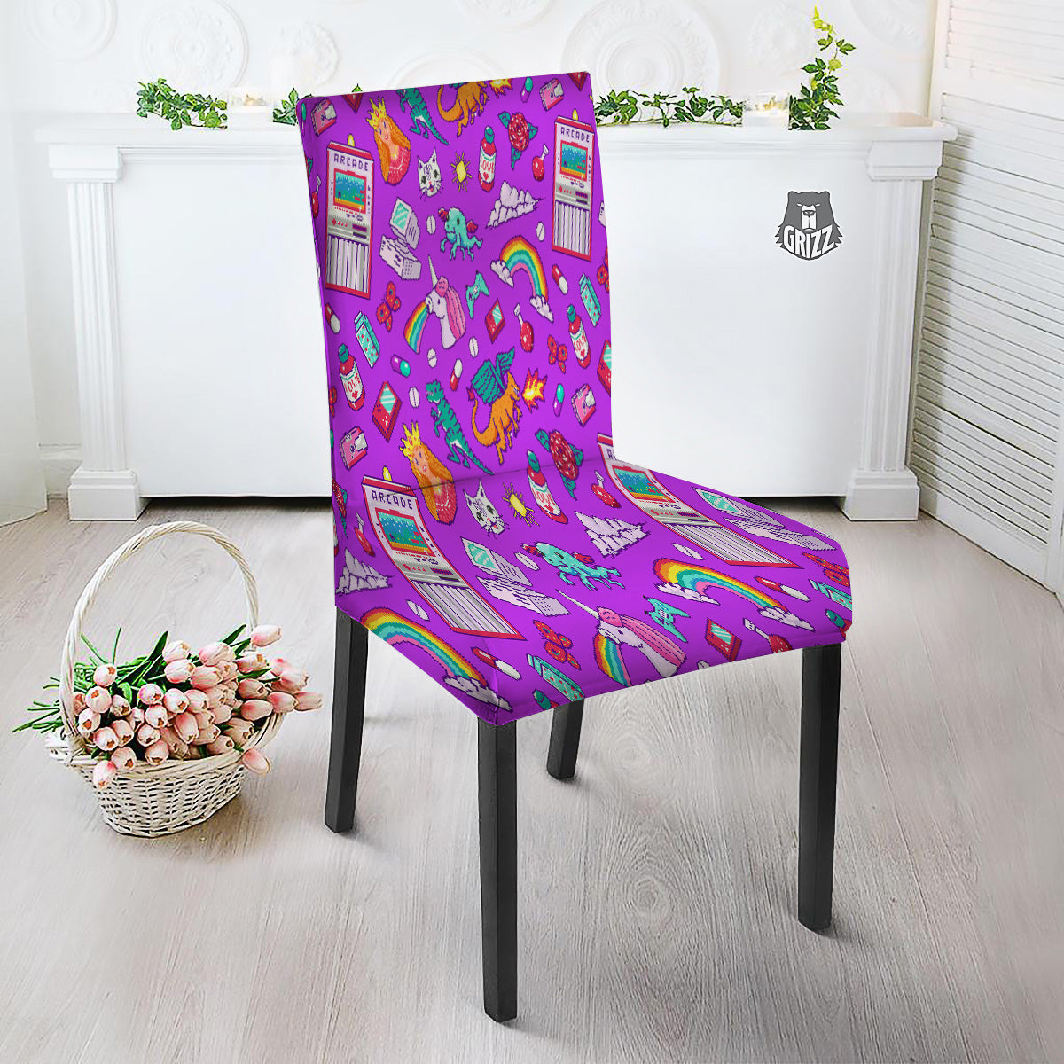 Pixel Art 8 Bit Pink Print Pattern Dining Chair Slipcover-grizzshop