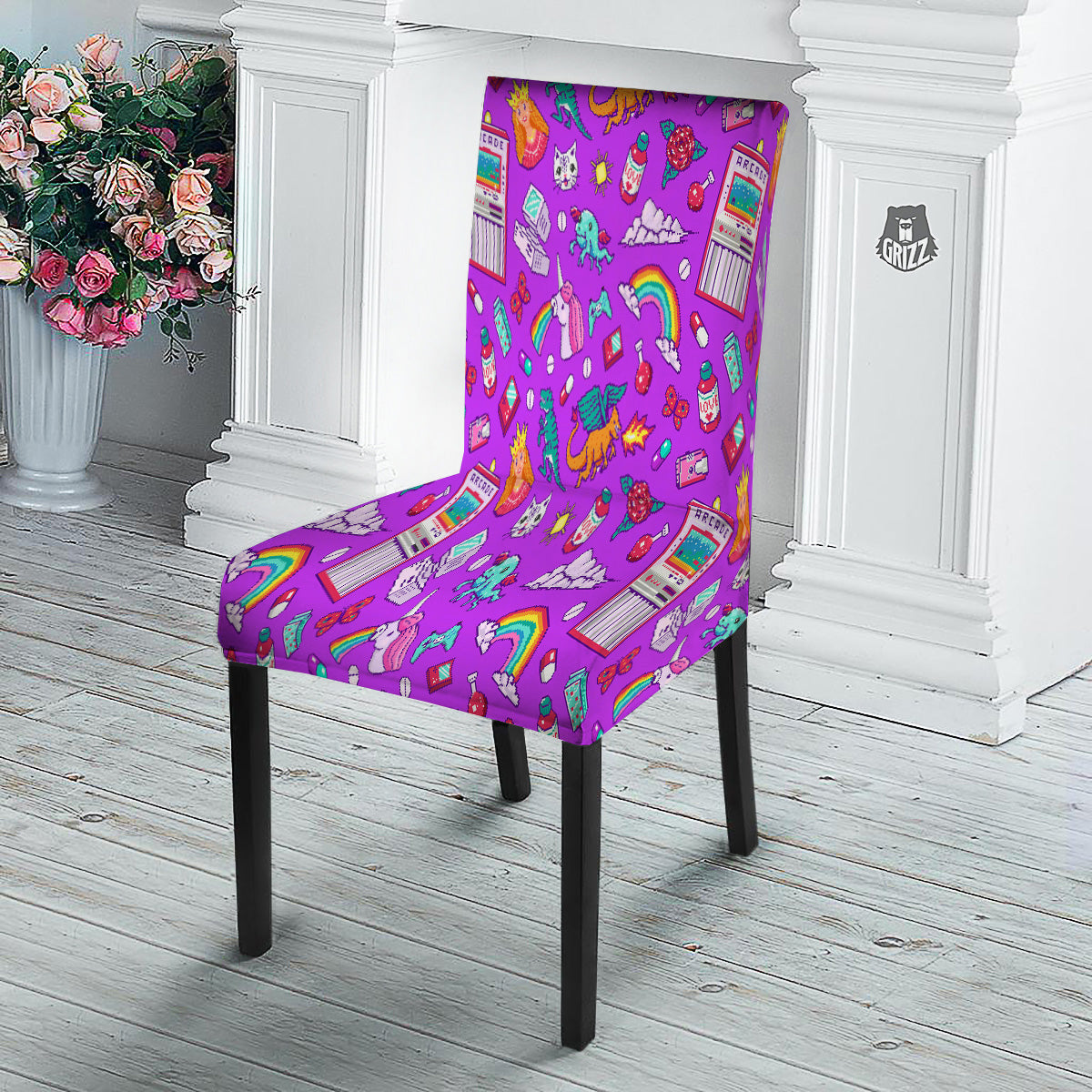 Pixel Art 8 Bit Pink Print Pattern Dining Chair Slipcover-grizzshop