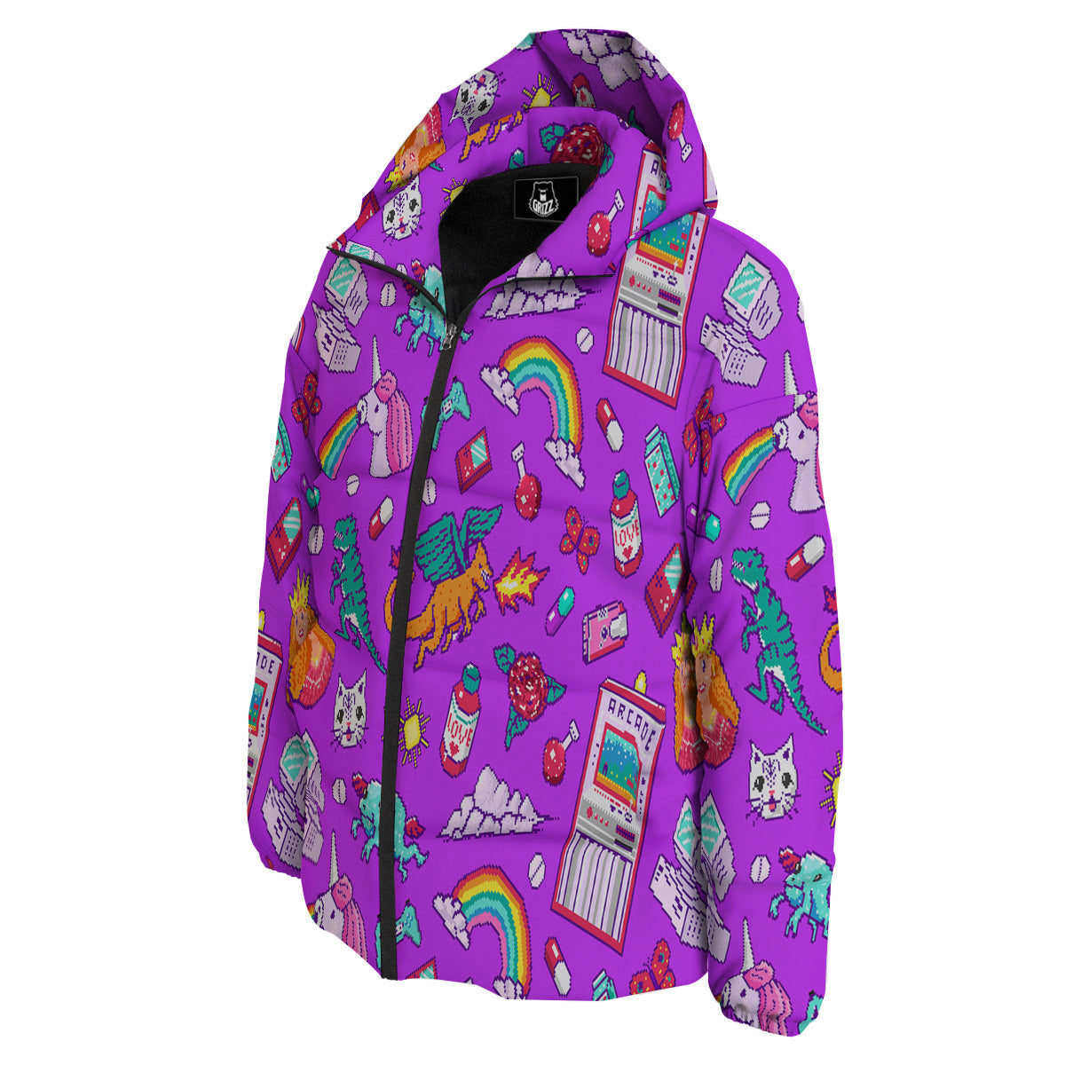 Pixel Art 8 Bit Pink Print Pattern Down Jacket-grizzshop