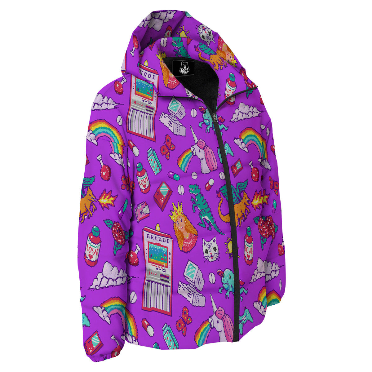 Pixel Art 8 Bit Pink Print Pattern Down Jacket-grizzshop